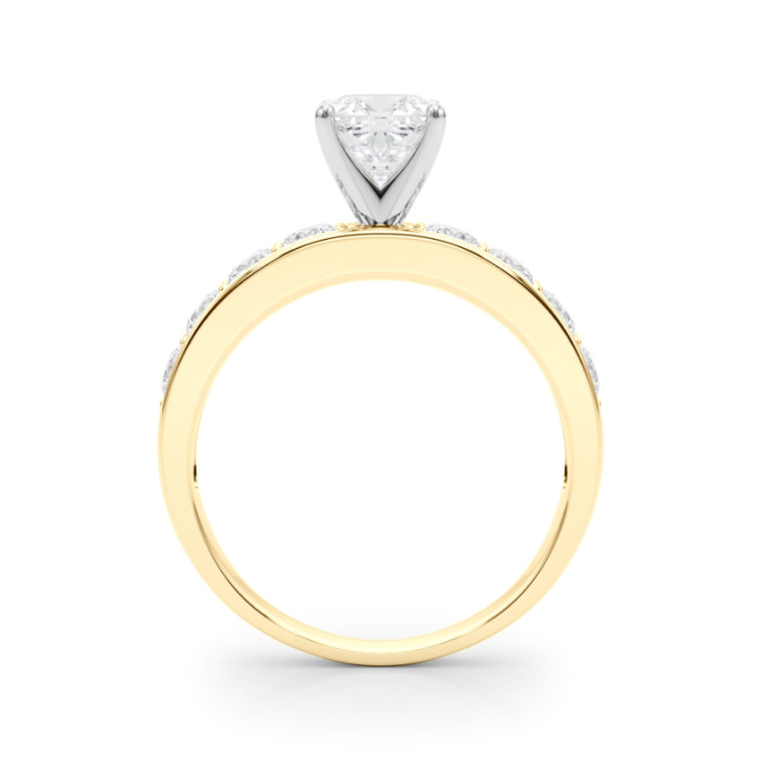 cushion cut diamond channel setting engagement ring yellow gold side