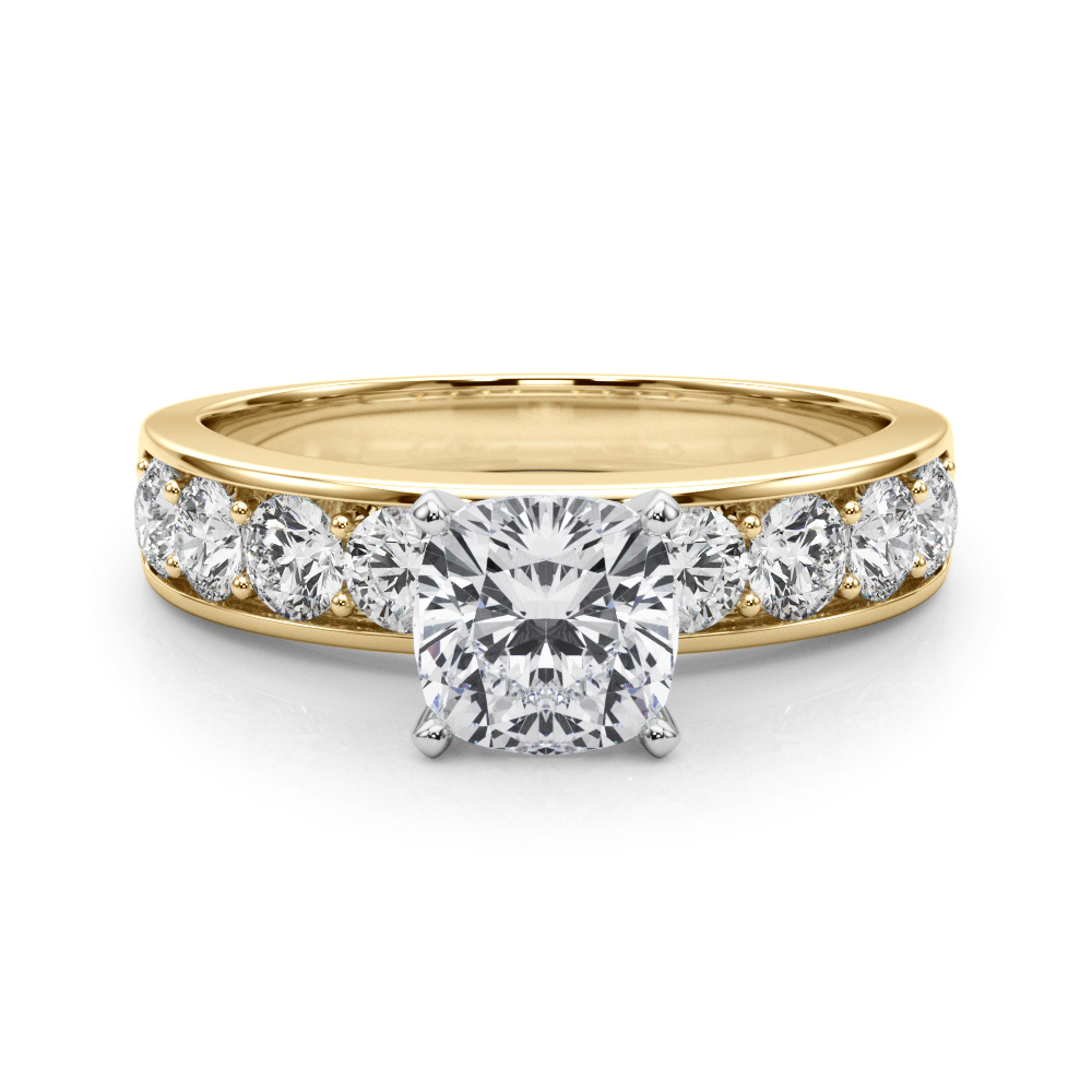 cushion cut diamond channel setting engagement ring yellow gold