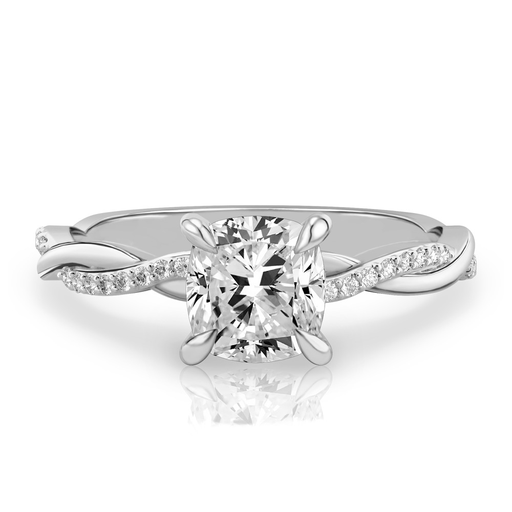 cushion cut diamond intertwined engagement ring white gold