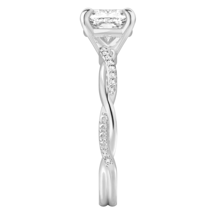 cushion cut diamond twist engagement ring platinum side