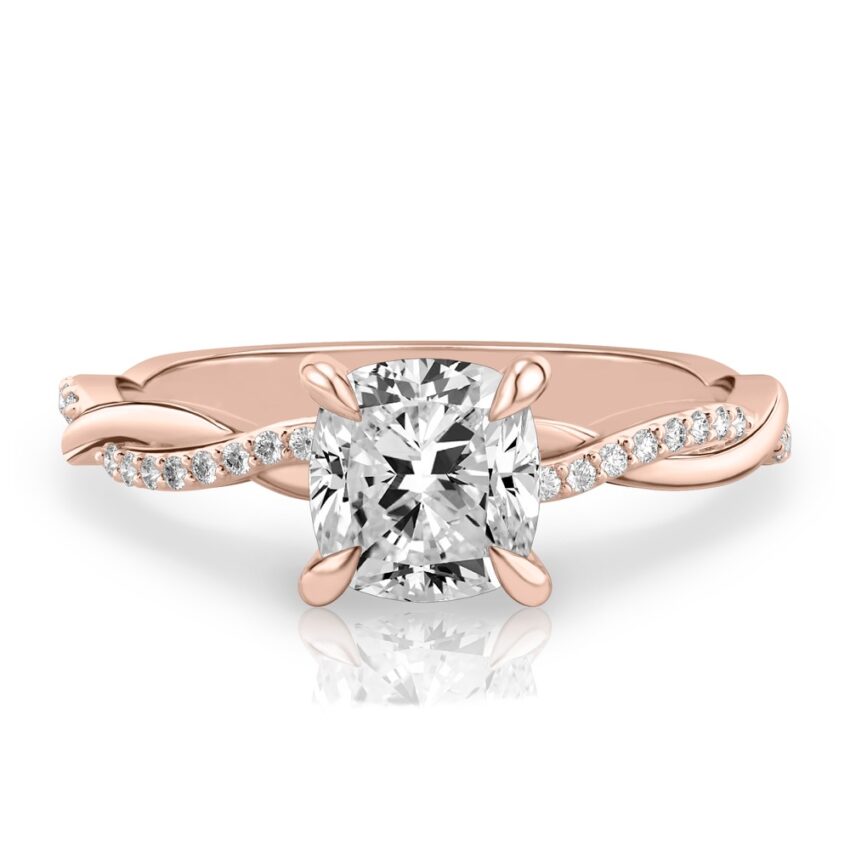 cushion cut diamond twist engagement ring rose gold