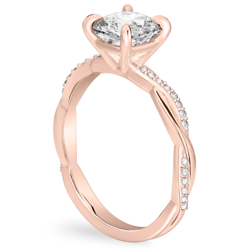 cushion cut diamond twist engagement ring rose gold angle