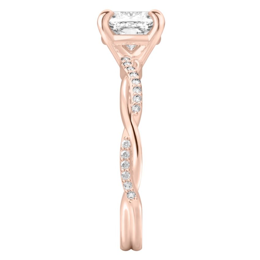 cushion cut diamond twist engagement ring rose gold side