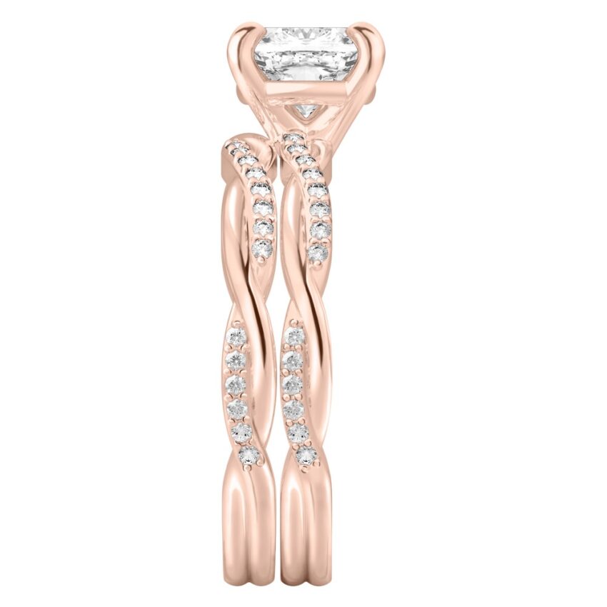 cushion cut diamond twist engagement ring set rose gold side
