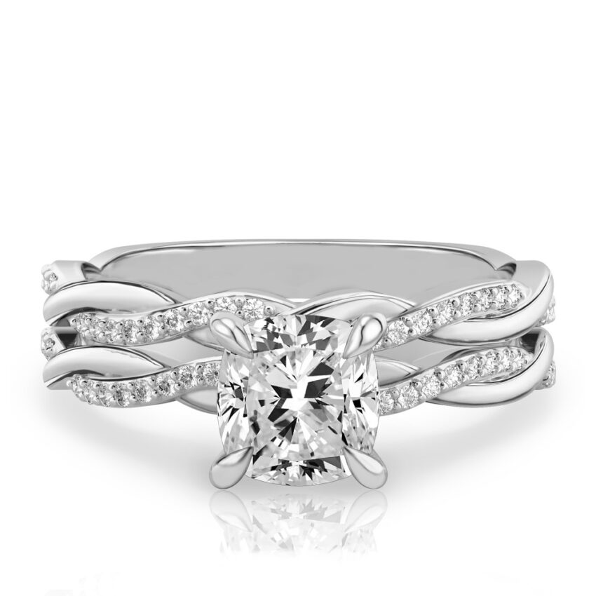 cushion cut diamond twist engagement ring set white gold