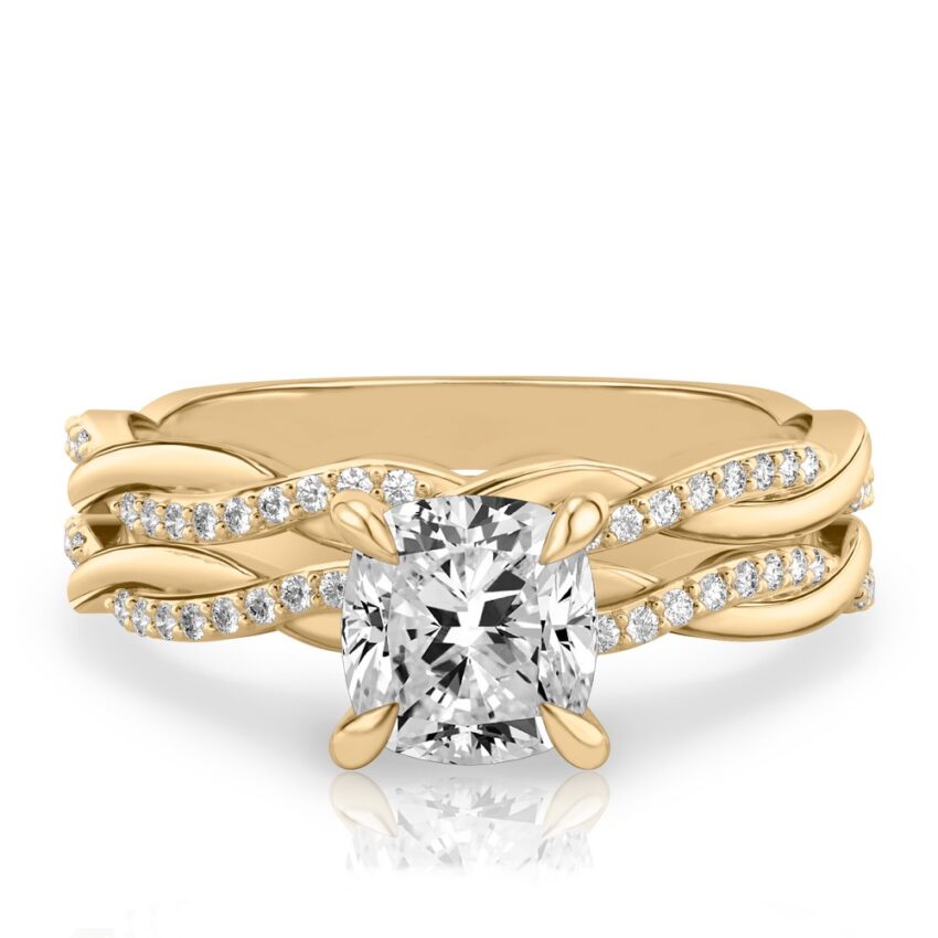 cushion cut diamond twist engagement ring set yellow gold