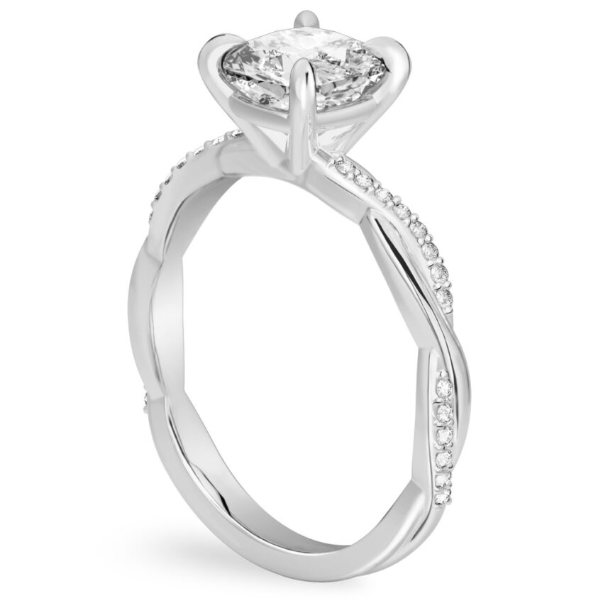 cushion cut diamond twist engagement ring white gold angle