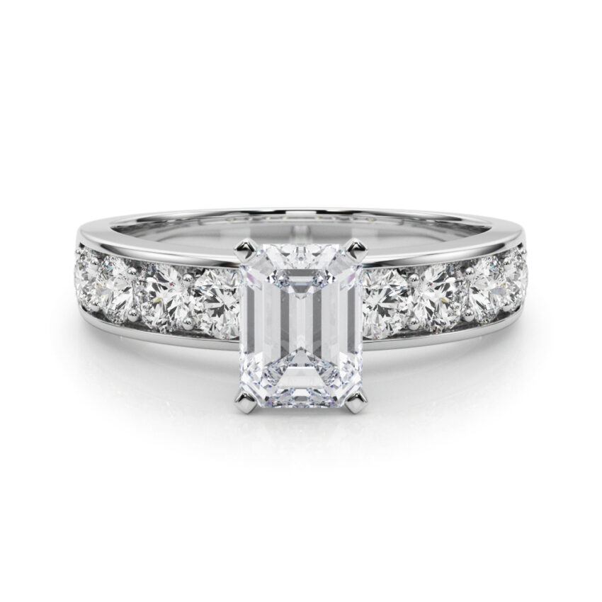 emerald cut diamond channel setting engagement ring palladium