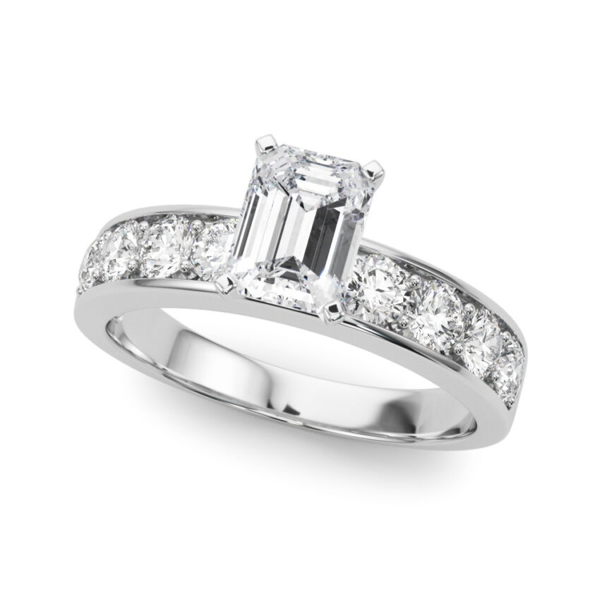 emerald cut diamond channel setting engagement ring platinum angle