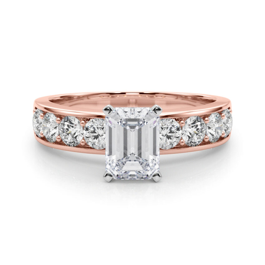 emerald cut diamond channel setting engagement ring rose gold