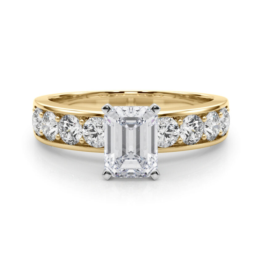 emerald cut diamond channel setting engagement ring yellow gold