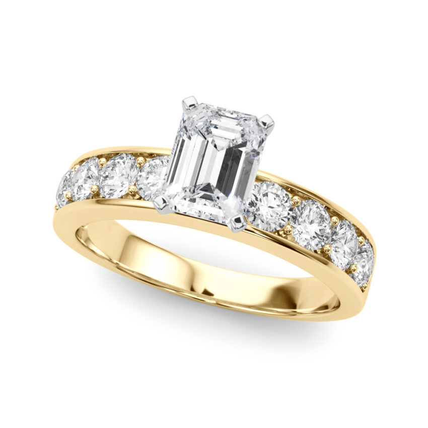 emerald cut diamond channel setting engagement ring yellow gold angle