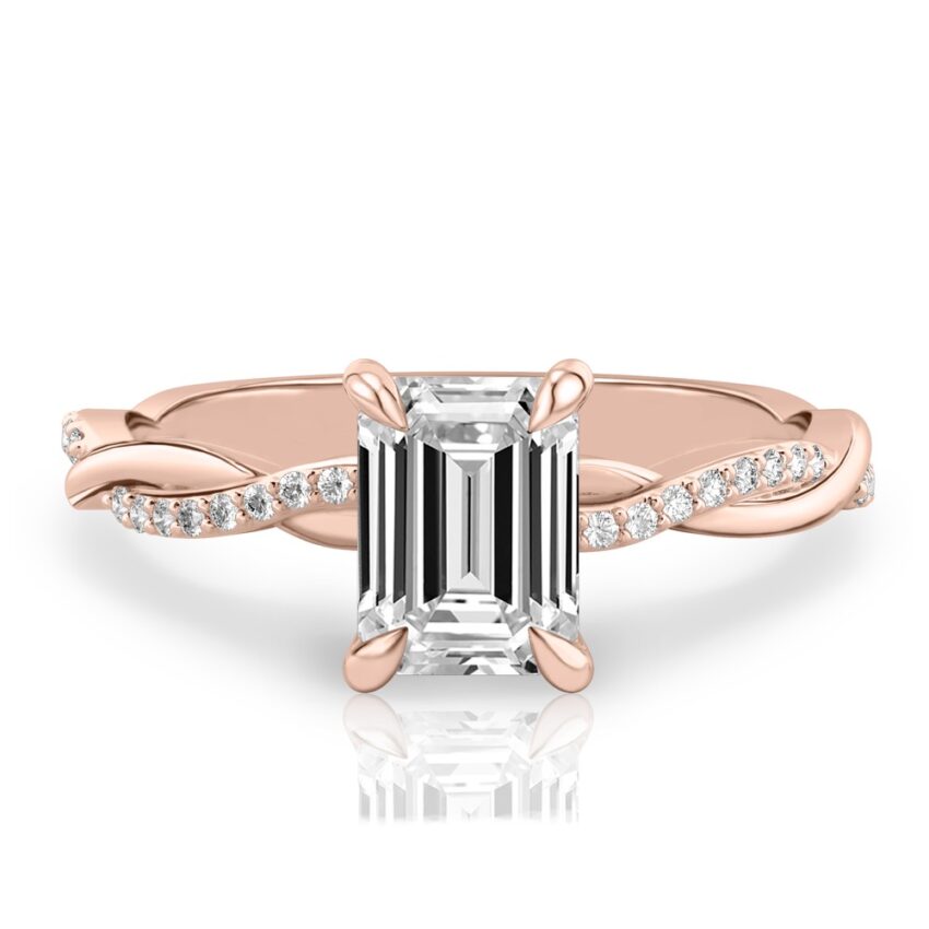 emerald cut diamond twist engagement ring rose gold