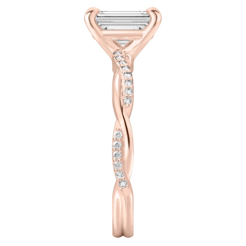 emerald cut diamond twist engagement ring rose gold side