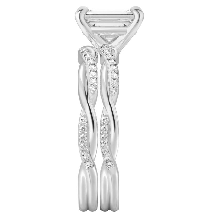 emerald cut diamond twist engagement ring set platinum side