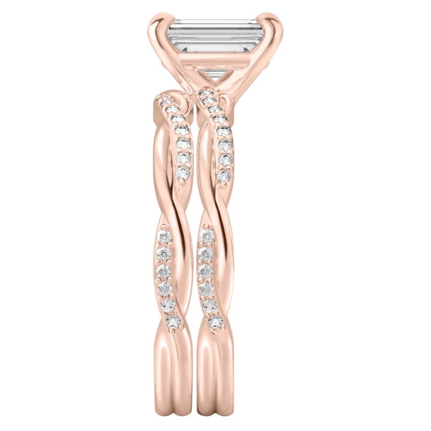 emerald cut diamond twist engagement ring set rose gold side
