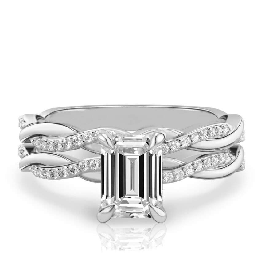 emerald cut diamond twist engagement ring set white gold