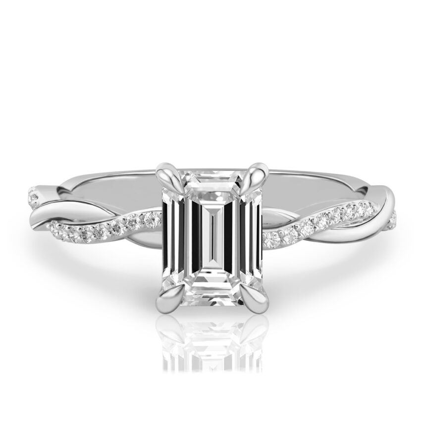 emerald cut diamond twist engagement ring white gold