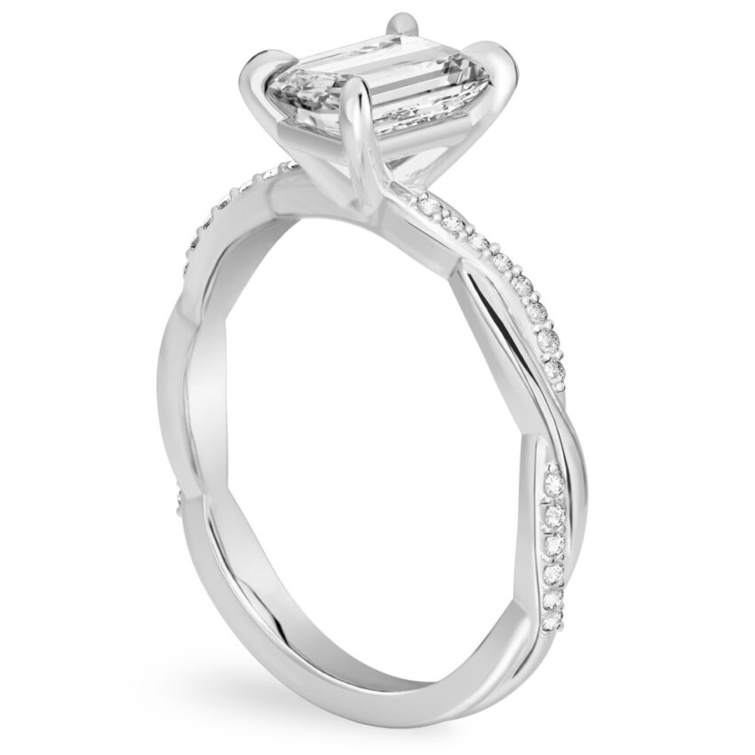 emerald cut diamond twist engagement ring white gold angle