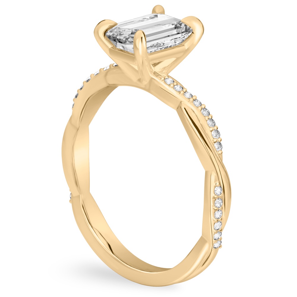 emerald cut diamond twist engagement ring yellow gold angle