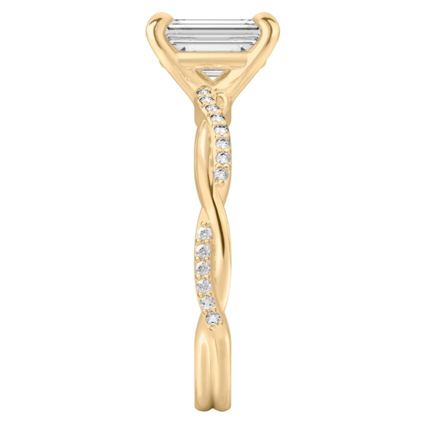 emerald cut diamond twist engagement ring yellow gold side