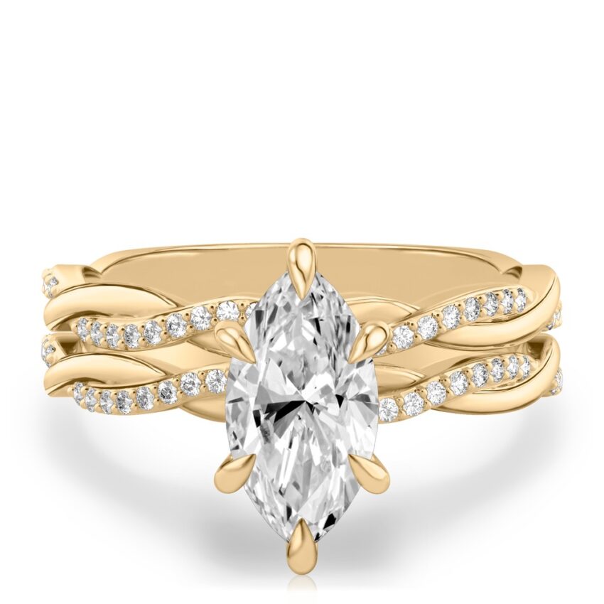 marquise cut diamond twist engagement ring set yellow gold