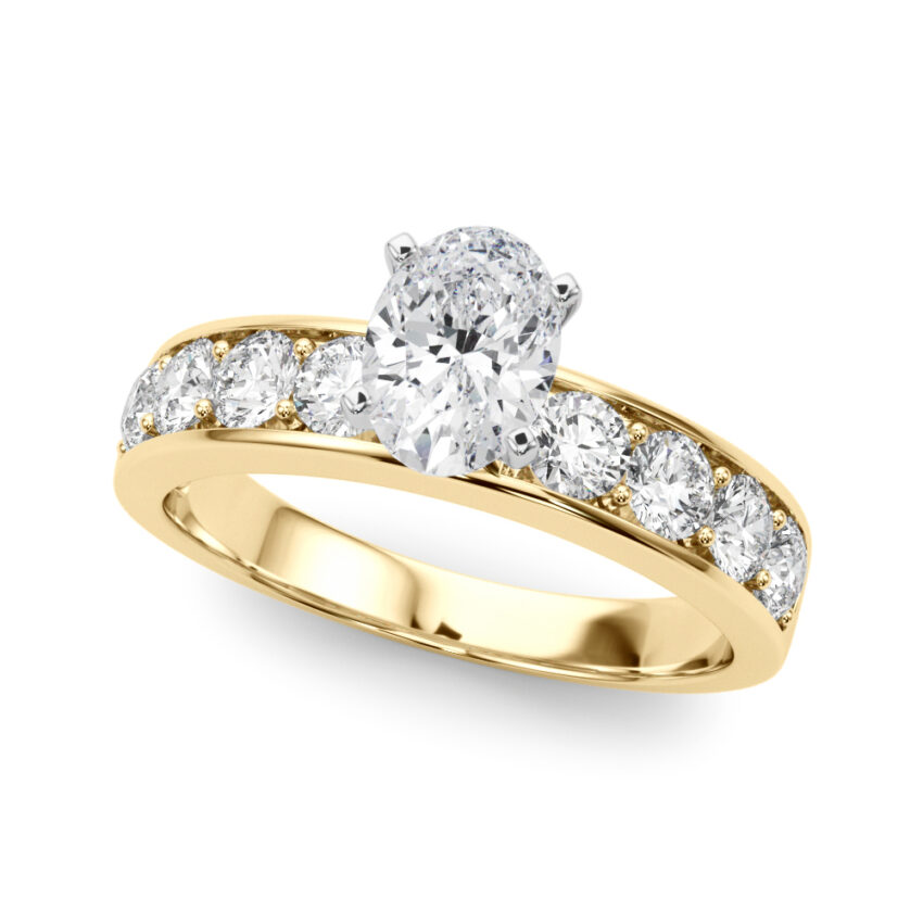 oval shape diamond channel setting engagement ring yellow gold angle