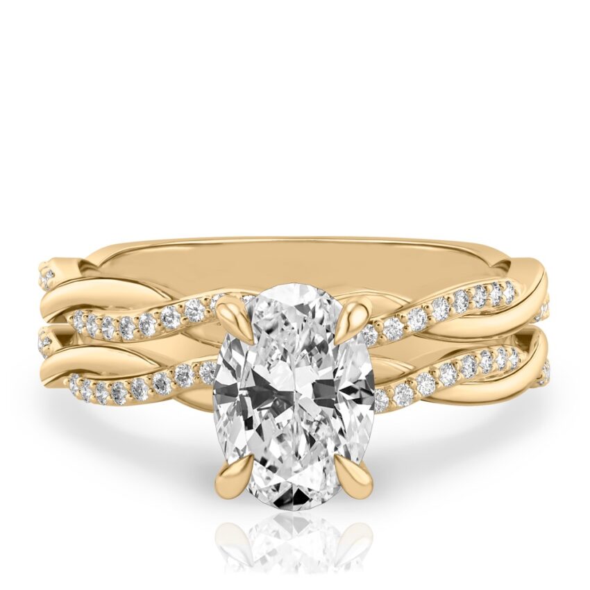 oval shape diamond twist engagement ring set yellow gold