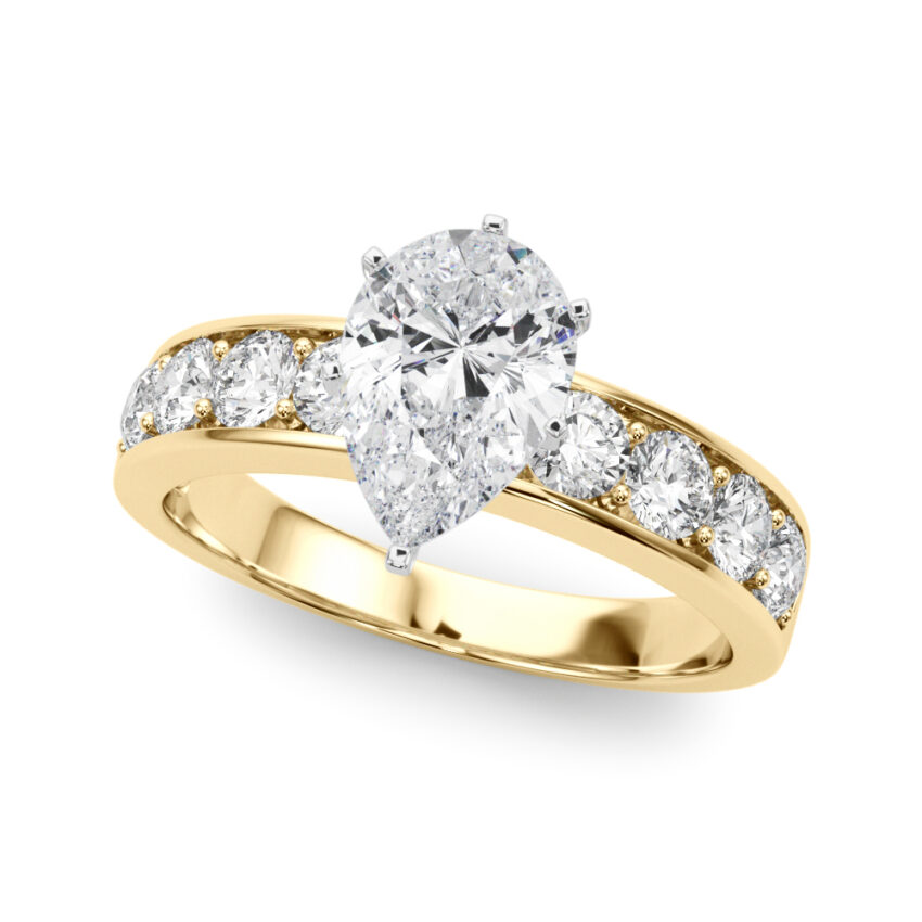 pear shape diamond channel setting engagement ring yellow gold angle