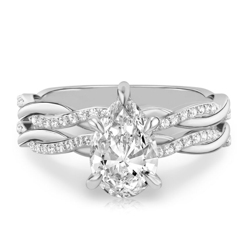 pear shape diamond twist engagement ring set white gold