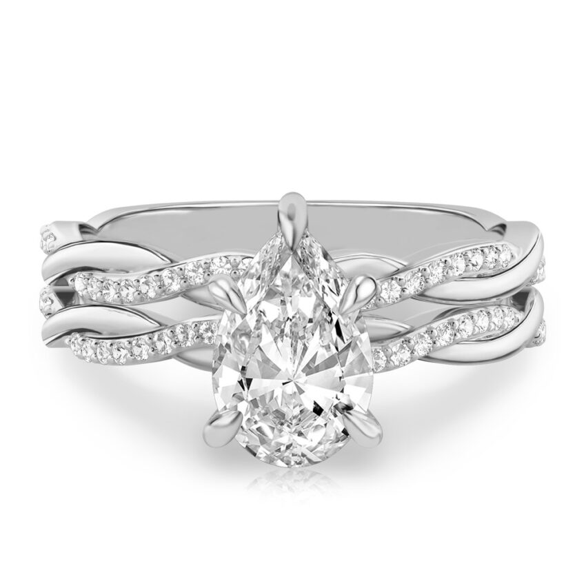 pear shape diamond twist engagement ring set white gold