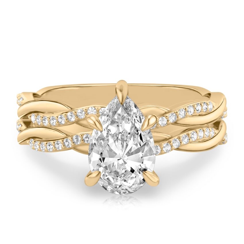 pear shape diamond twist engagement ring set yellow gold