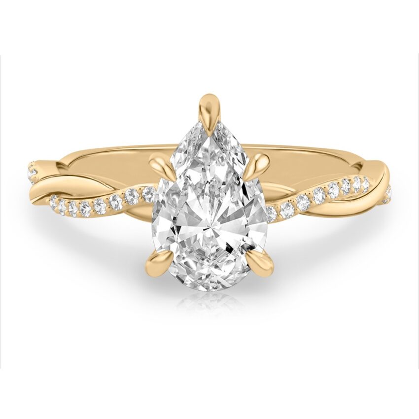 pear shape diamond twist engagement ring yellow gold