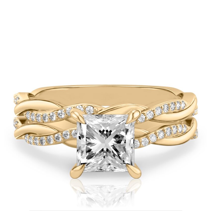princess cut diamond twist engagement ring set yellow gold
