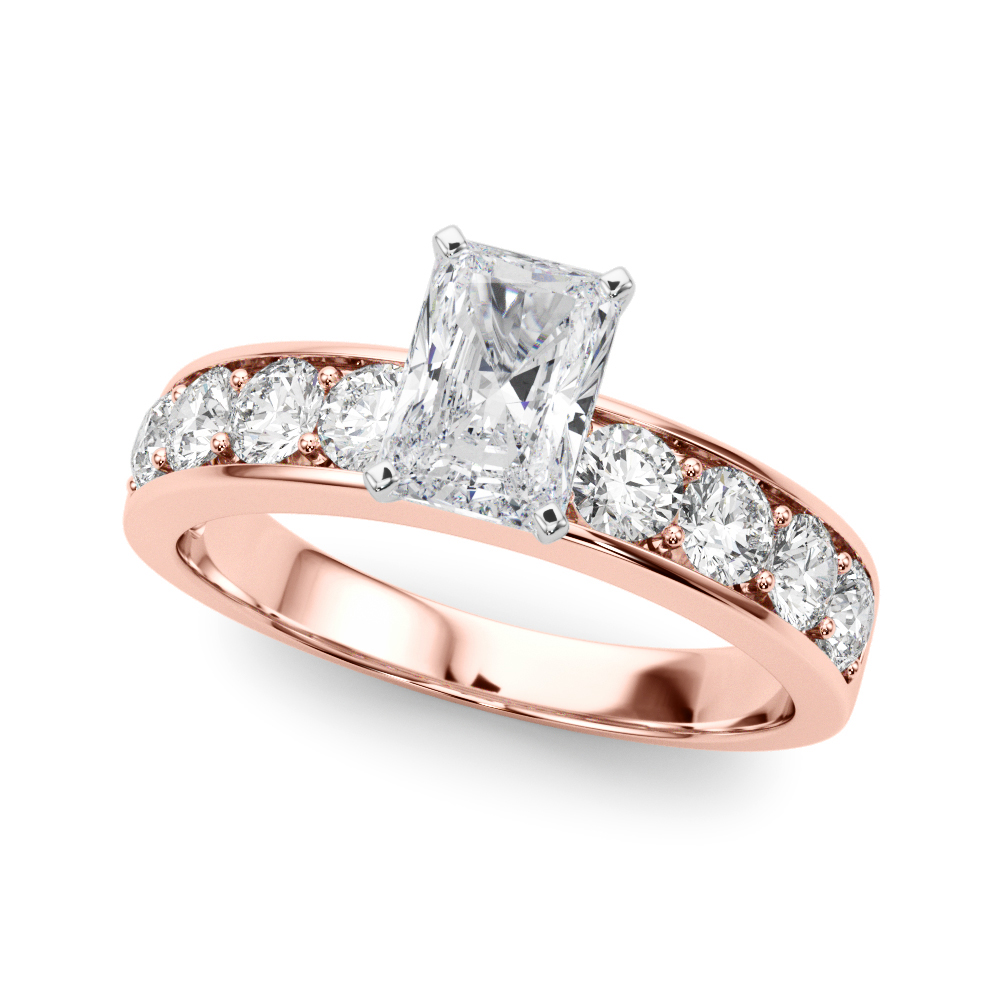 radiant cut diamond channel setting engagement ring rose gold angle