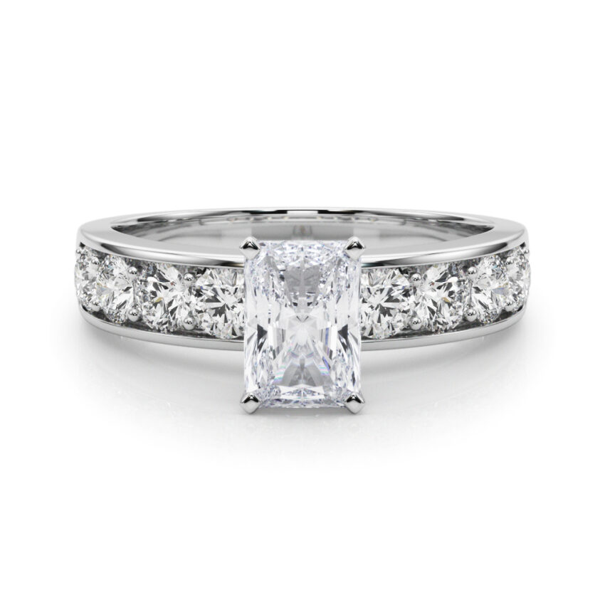 radiant cut diamond channel setting engagement ring white gold