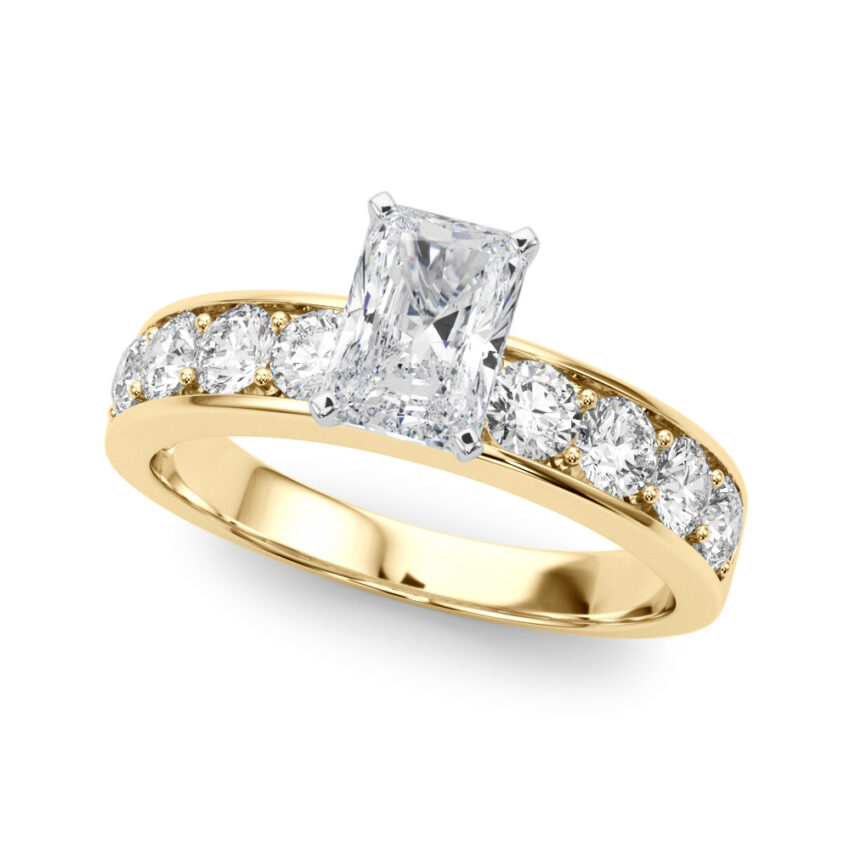 radiant cut diamond channel setting engagement ring yellow gold angle