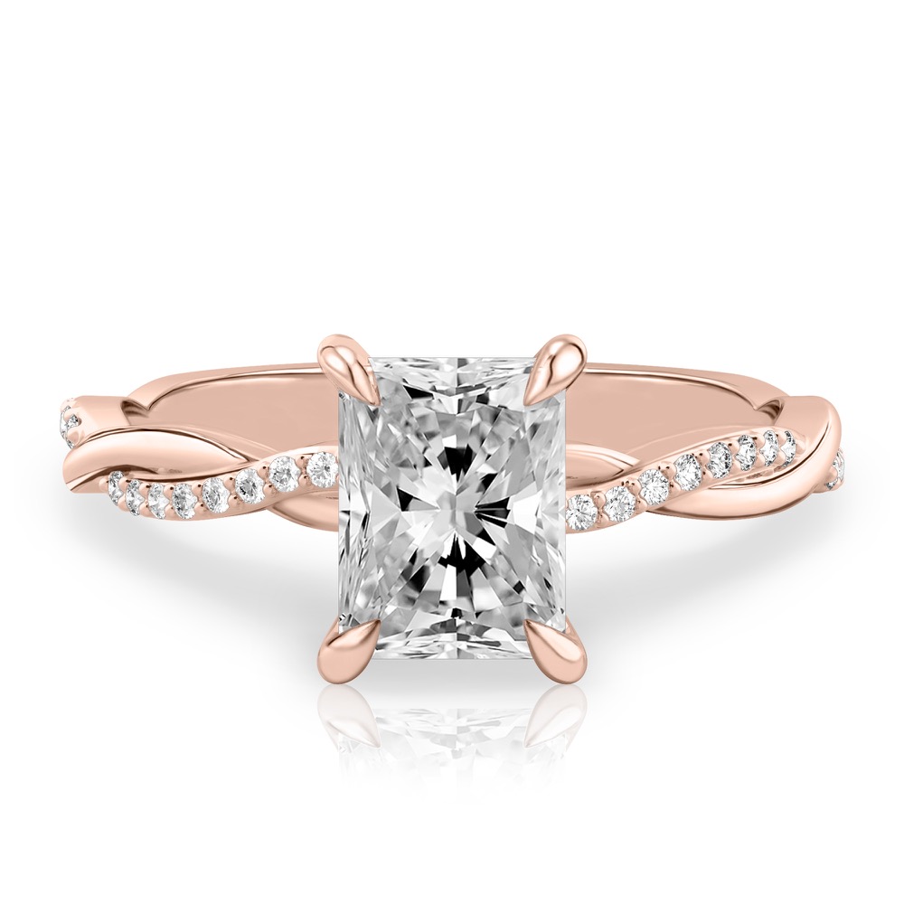 radiant cut diamond intertwined engagement ring rose gold