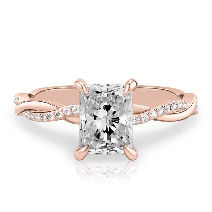 radiant cut diamond twist engagement ring rose gold