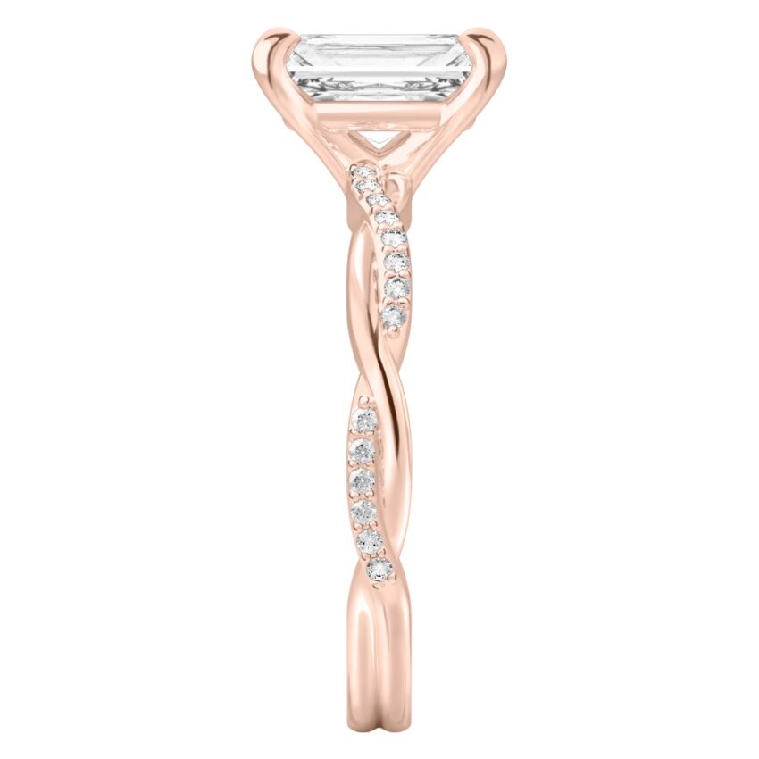 radiant cut diamond twist engagement ring rose gold side