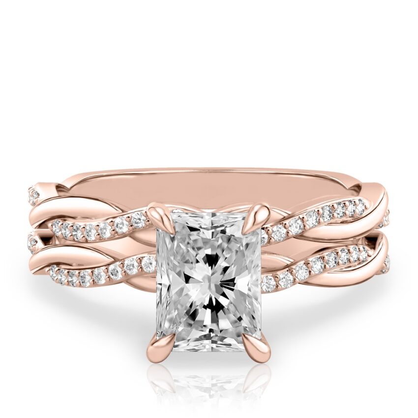 radiant cut diamond twist engagement ring set rose gold