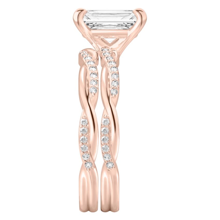 radiant cut diamond twist engagement ring set rose gold side