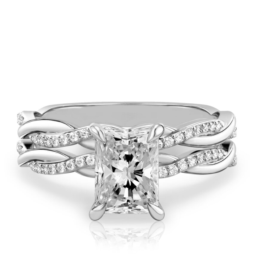 radiant cut diamond twist engagement ring set white gold