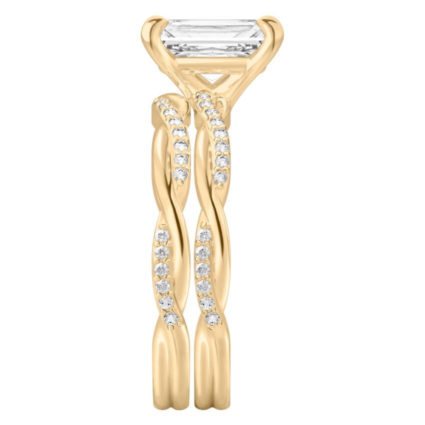 radiant cut diamond twist engagement ring set yellow gold side