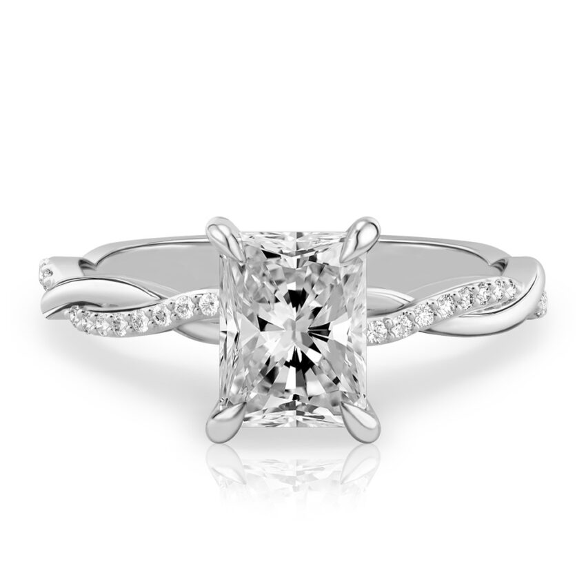 radiant cut diamond twist engagement ring white gold