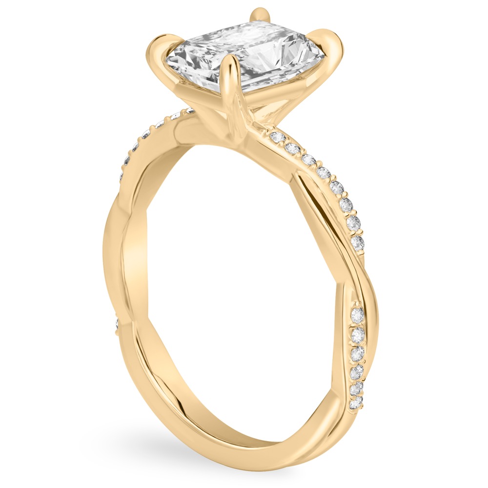 radiant cut diamond twist engagement ring yellow gold angle