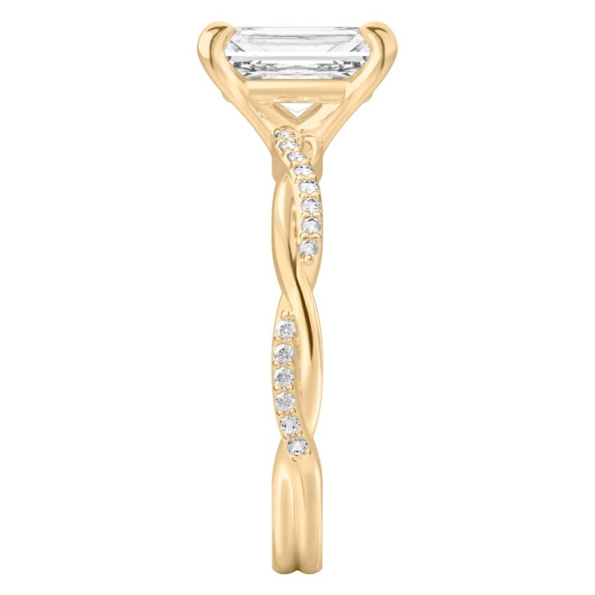 radiant cut diamond twist engagement ring yellow gold side
