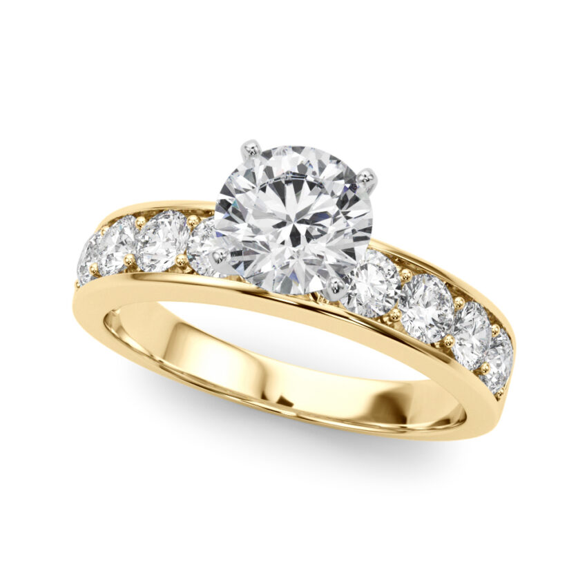 round cut diamond channel setting engagement ring yellow gold angle