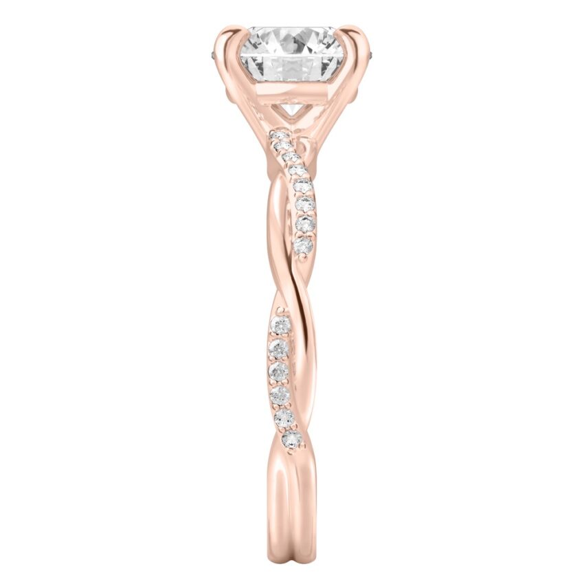 round cut diamond intertwined engagement ring rose gold side