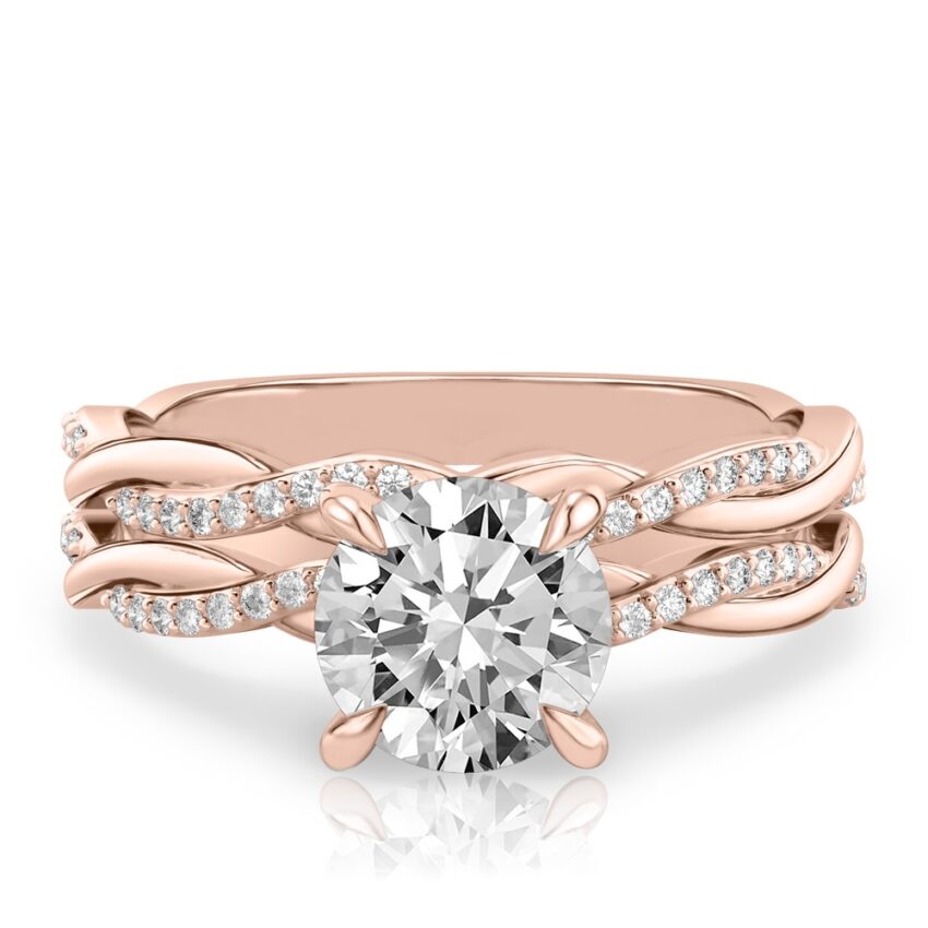 round cut diamond intertwined engagement ring set rose gold